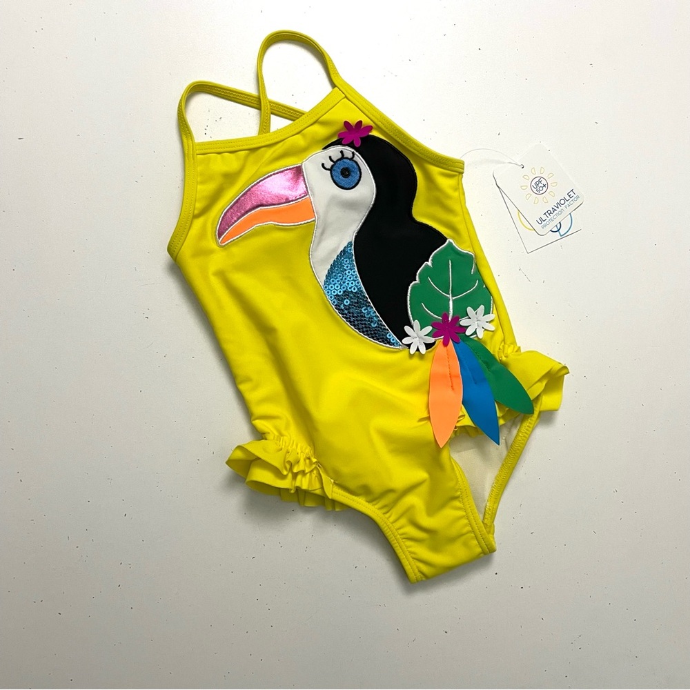Flapdoodles Swimsuit One Piece Ruffle Toucan Bird Flowers Tropical Beach Yellow
